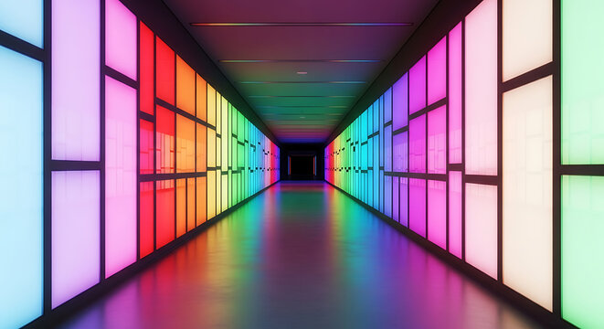 Futuristic corridor with glowing rainbow neon light panels perspective