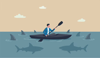 Fototapeta premium Risk taker challenge success overcome difficulty or problem in crisis or entrepreneurship, determination or adversity concept, confidence businessman sailing kayak ship among danger risky sharks