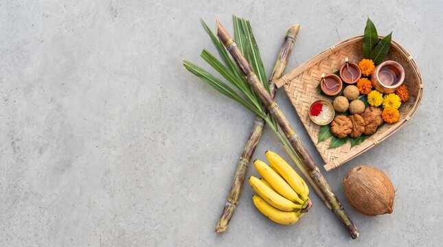 Chhath Puja flat lay flatlay composition with sugarcane, bananas, coconut, and bamboo winnowing basket (soop) with offerings on grey background with copy space