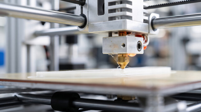 Close Up of 3D Printer Extruder Head Printing Plastic Component