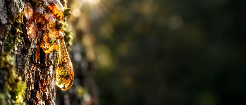 Macro close up of viscous golden pine tree resin sap dripping down rough tree bark with green moss, premium organic cosmetics ingredient and forestry background with copy space