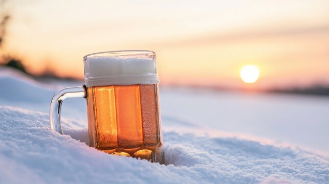 Cold beer mug chilling in soft white snow, amber liquid glowing against a colorful sky during a serene winter sunset