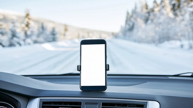 Modern mobile phone mounted on car dashboard displaying a blank white screen while traveling winter roads
