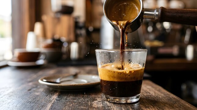 Freshly brewed hot espresso pouring into a clear glass at a rustic cafe