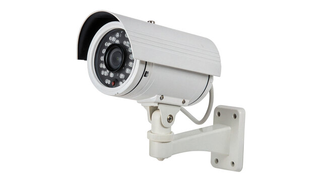 Modern white plastic outdoor wall security cctv camera isolated on transparent background.