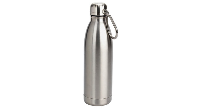 Sleek metallic silver stainless steel water bottle flask isolated on transparent background.