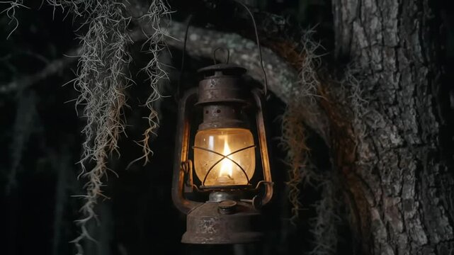 A vintage kerosene lantern hanging from an old tree branch in a dark forest at night, providing warm glowing light for atmospheric background video footage and mystery media projects.