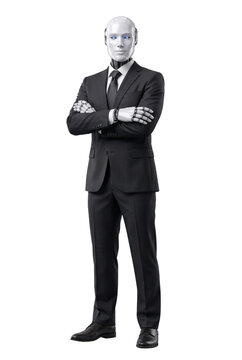 Confident humanoid robot businessman in suit with arms crossed