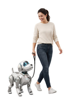 Happy young woman walking with robot dog pet companion