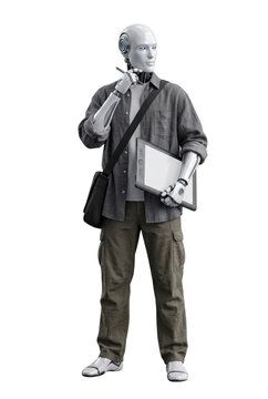 Creative humanoid robot designer holding graphic tablet and stylus