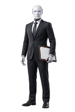 Humanoid robot business executive standing with clipboard and documents