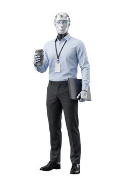 Modern robot employee holding takeaway coffee and laptop computer