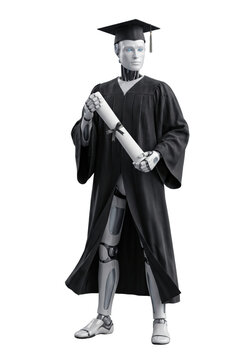 Proud humanoid robot graduate wearing academic cap and gown