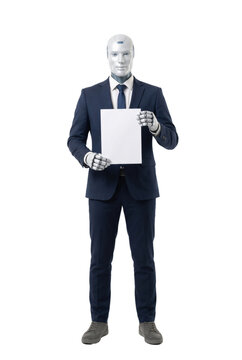 Humanoid robot businessman holding blank white vertical sign placard