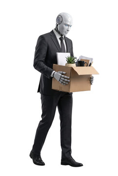 Sad robot businessman carrying cardboard box after job dismissal