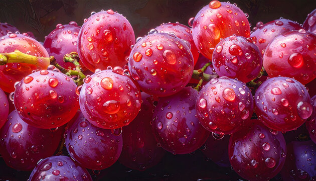 Macro shot of fresh red grapes with sparkling water droplets