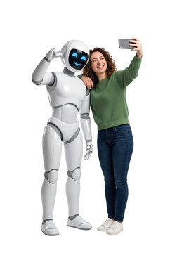 Cheerful young woman taking selfie photo with friendly humanoid robot