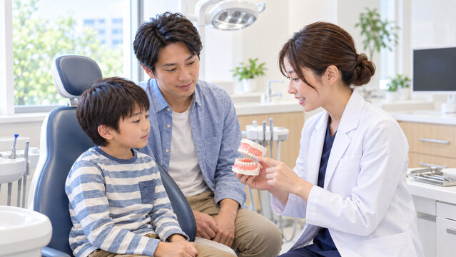 Dentist explaining a dental model to a boy and his father，歯の模型を使って親子に説明する歯科医師