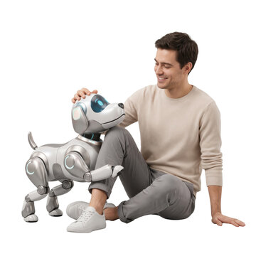 Smiling young man sitting on floor with robotic dog companion