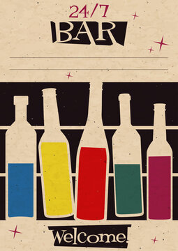 1950s Advertising Poster Style Illustration. Mid Century Modern Bar Design, Atomic Age Vintage Colors, Abstract Background, Aged Paper Texture