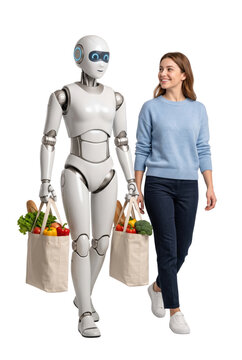 Helpful humanoid robot carrying grocery bags walking with woman