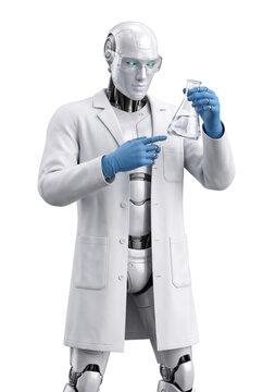 Humanoid robot laboratory researcher examining liquid in glass flask