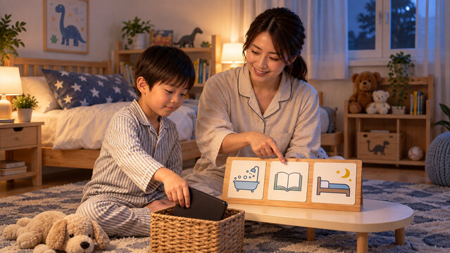 Mother and son following a visual bedtime routine，絵カードで就寝前の習慣を確認する母と息子