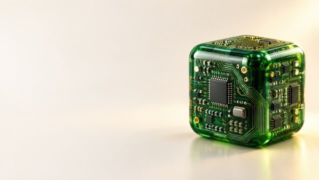 Glowing green electronic cube featuring intricate gold circuit board patterns and tiny computer hardware components isolated against a soft light beige studio background for projects