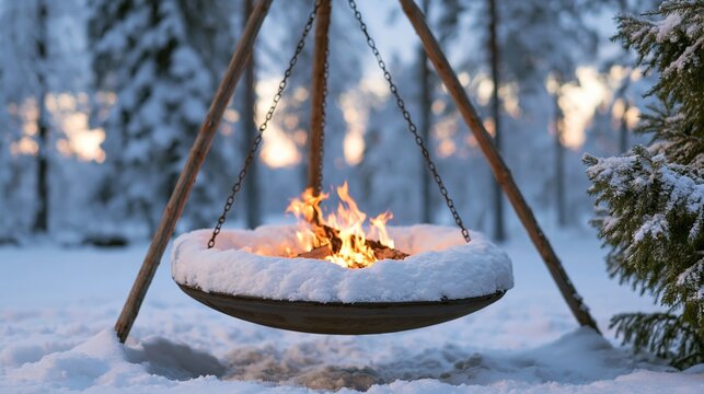 Outdoor fire pit glowing in a snowy winter forest, suspended from a wooden tripod creating warmth and light