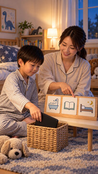 Mother and son following a visual bedtime routine，絵カードで就寝前の習慣を確認する母と息子