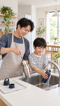Father and son cleaning reusable bottles in the kitchen，キッチンで水筒を洗う父と息子