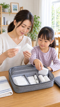 Mother and daughter organizing a home first aid kit，家庭の救急用品を整理する母と娘