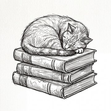 Cat sleeping on a stack of books pencil sketch illustration