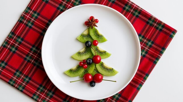 Healthy Christmas tree made from kiwi slices, berries, and star anise on a white plate with red tartan fabric