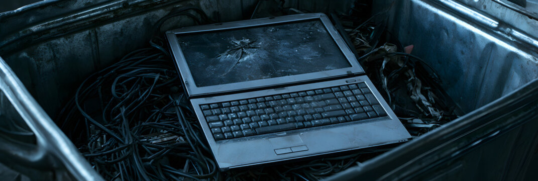 Old obsolete laptop was discarded in a trash bin. E-waste and recycling of outdated electronic devices. Digital detox and technology frustration