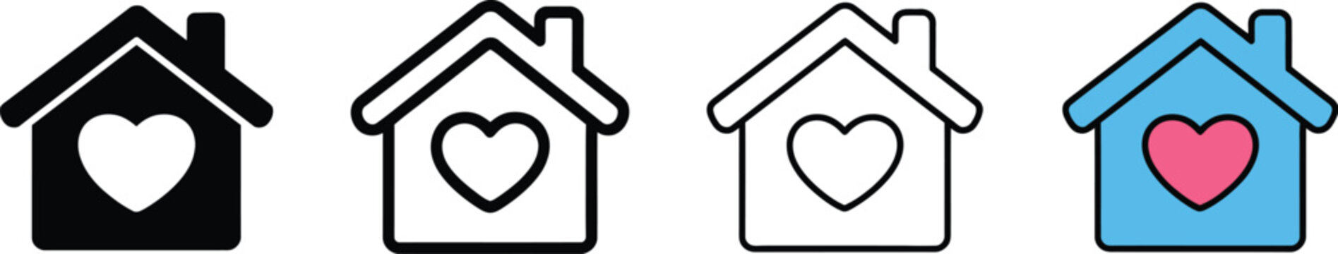 House with heart home icon, sweet home and love symbol representing family, comfort, care, affection, shelter, happiness, and residential living