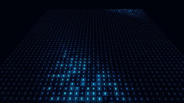 Digital blue matrix stream animation featuring abstract data binary code patterns flowing across a dark cyber background for technological interface
