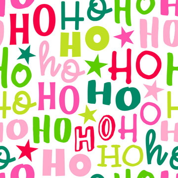 Colorful letters with star seamless pattern design for Christmas and new year background. Santa claus laughs "HO HO HO".