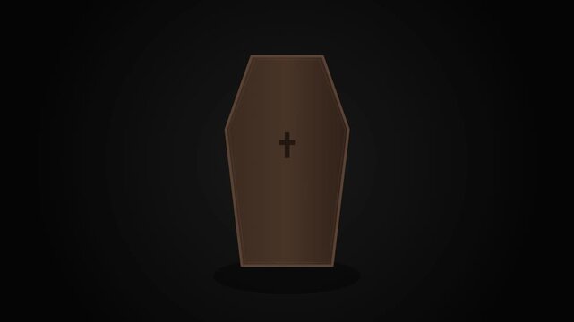 Brown wooden coffin with a cross on a black background for Halloween or funeral concepts, gothic cemetery burial casket illustration