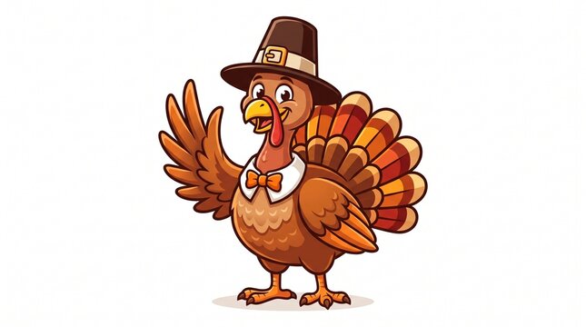 Thanksgiving pilgrim turkey cartoon character, friendly waving turkey bird with pilgrim hat and bowtie, festive autumn holiday mascot on white background