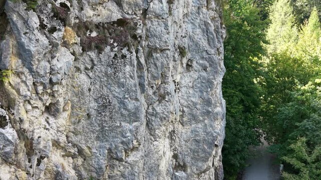 Aerial view of massive limestone cliffs in Transylvania fores
