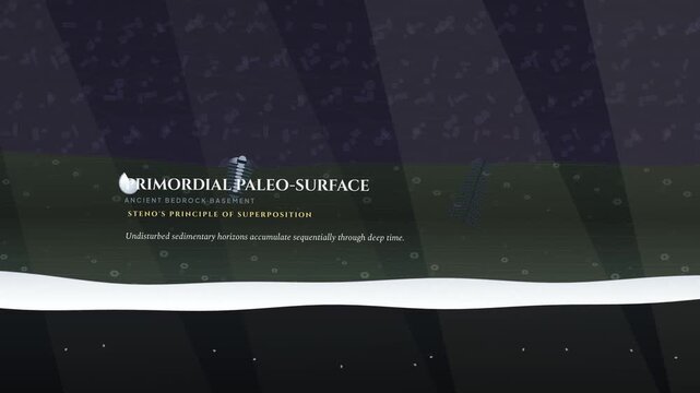 Educational animation of geological stratigraphy showing the formation of rock layers over deep time from primordial bedrock and volcanic tuff to alluvial mudstone and the anthropocene horizon