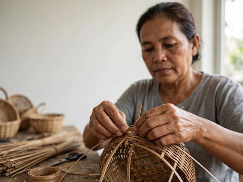 Elderly Indonesian woman weaving rattan basket handmade craft in workshop