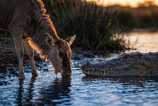 Crocodile predator preparing ambush as wildebeest calf drinking at river waterhole faces danger as prey.