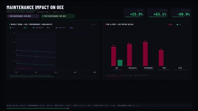 Cinematic production efficiency dashboard showcasing OEE improvement after maintenance with animated charts and metrics on a dark textured background for commercial creative technology and business.
