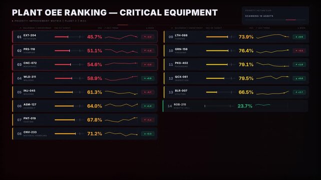 Cinematic dark plant OEE dashboard displaying equipment ranking for immediate improvement with urgency indicators and animated visual elements in 4K resolution.