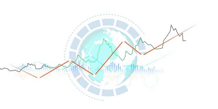 Global finance data charts and digital globe, Glowing digital globe with colorful stock market charts, data lines and network symbols on transparent background, showing global finance and technology.