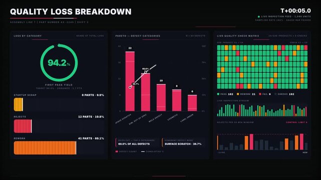 A comprehensive quality loss dashboard animation showcasing rejects, rework, and startup scrap metrics with visual charts and vibrant color coding for effective analysis.