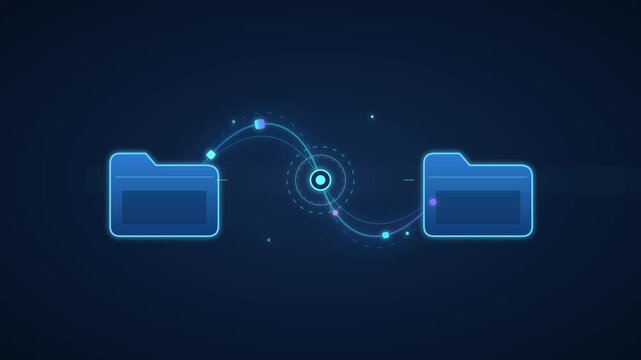 Digital data transfer animation connecting blue folder icons in a smooth rhythmic motion video loop style.