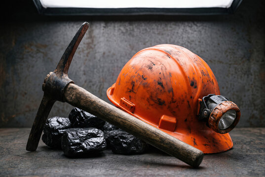 Industrial coal mining equipment with miner hardhat helmet, pickaxe tool for energy fuel.